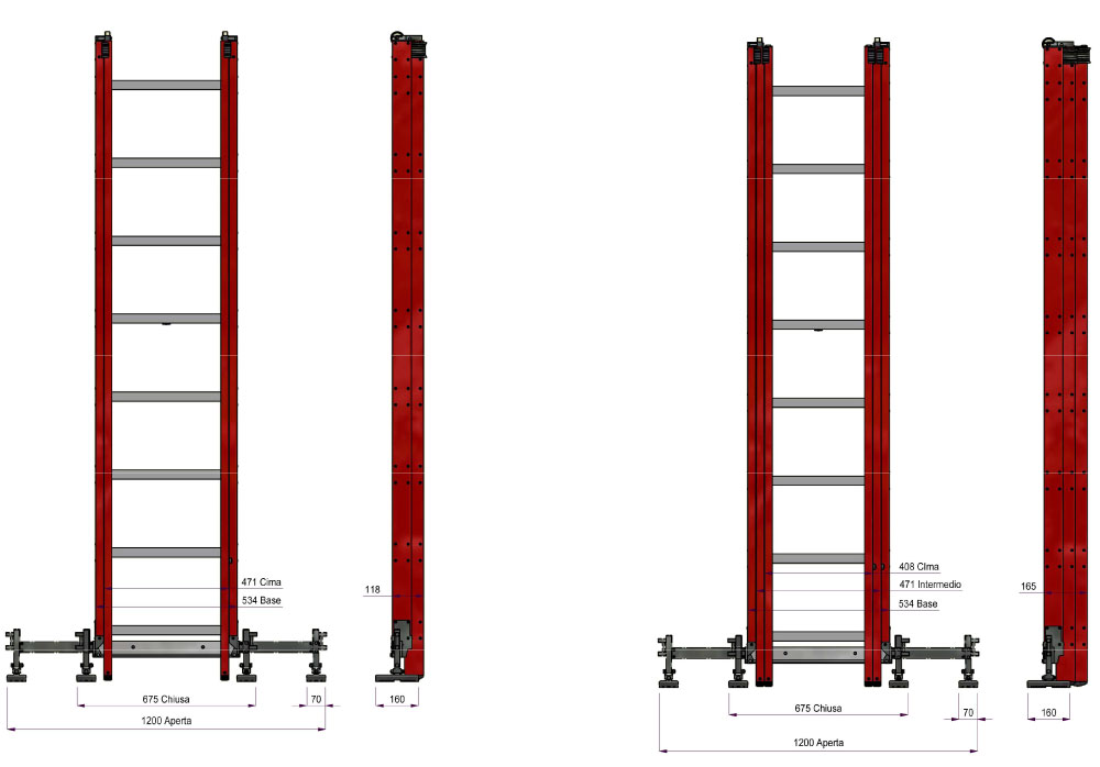 IR Scala trasformabile manuale tre tronchi 11 + 11 + 11 pioli