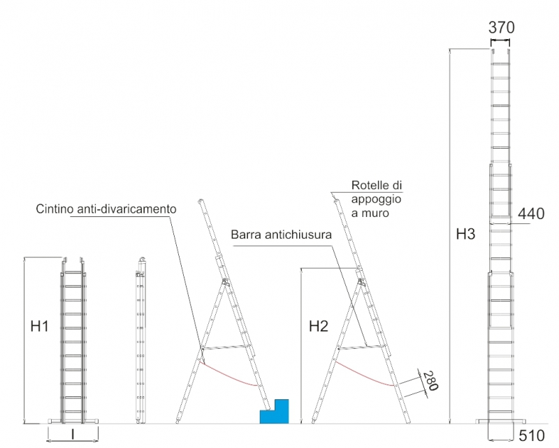 Scala in vetroresina componibile 3 rampe 8 gradini - legenda misure