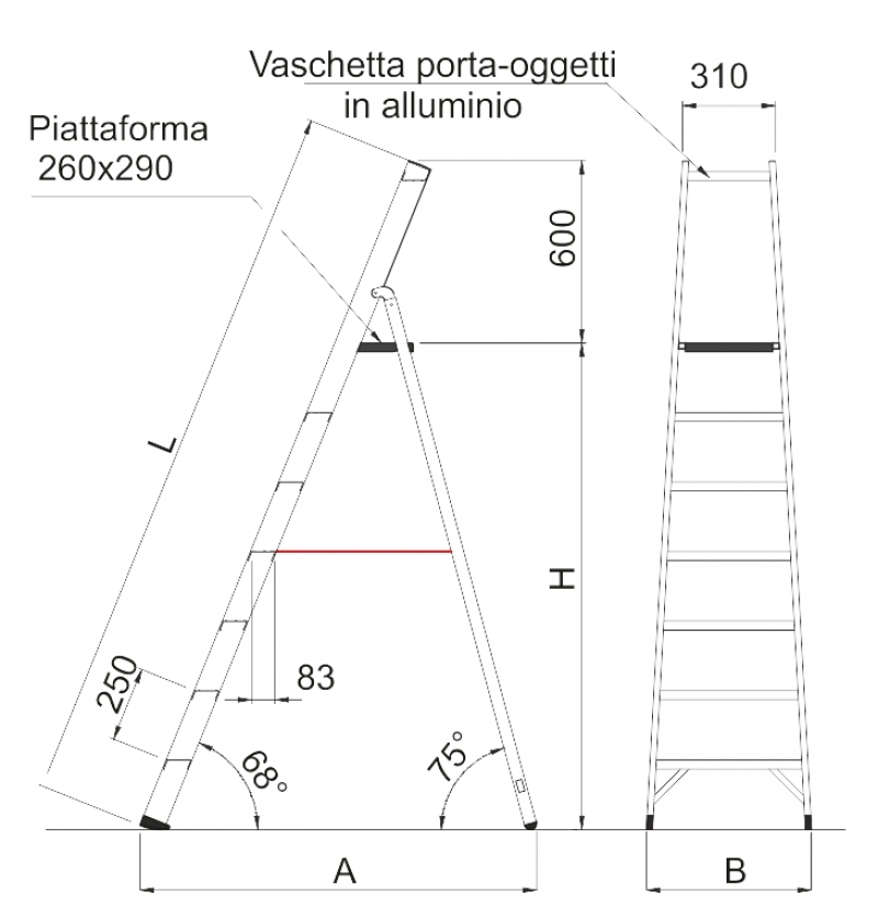 Scala in vetroresina a salita singola con piattaforma in alluminio e parapetto di sicurezza 6 gradini