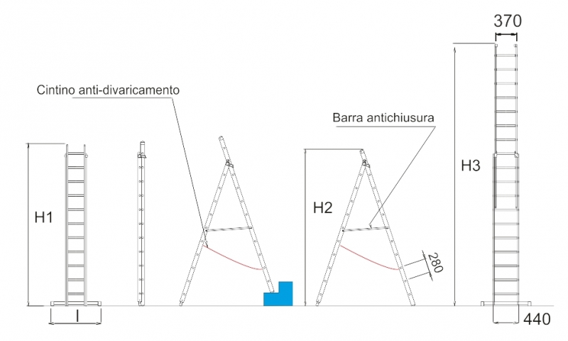 Scale in vetroresina componibili 2 tronchi 8 gradini con pioli e barra stabilizzatrice misure